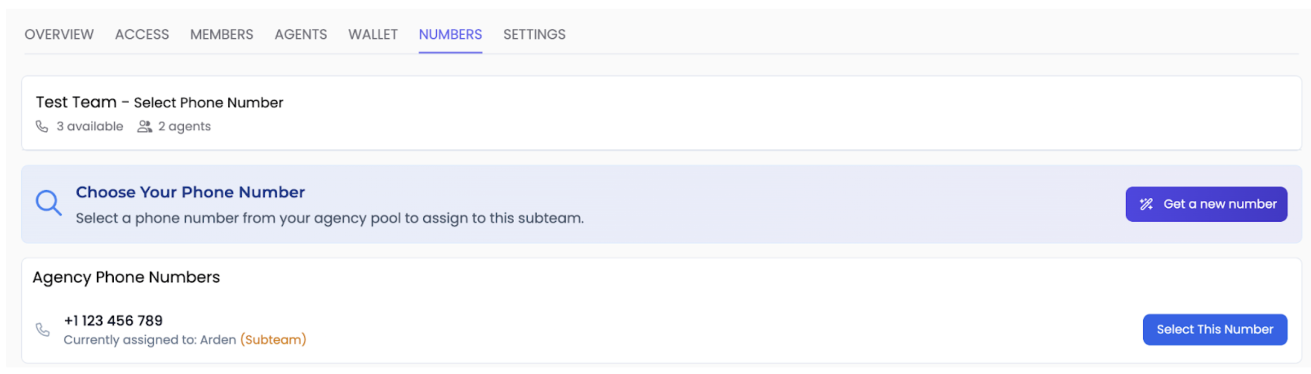 Phone numbers page showing available numbers and assignment options