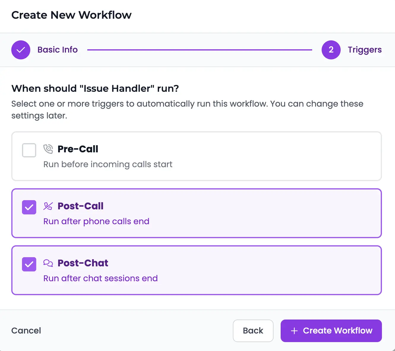 Selecting triggers during workflow creation