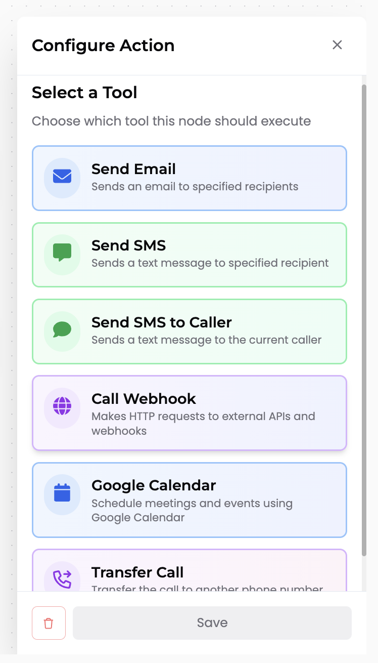 Tool node selector showing available tools