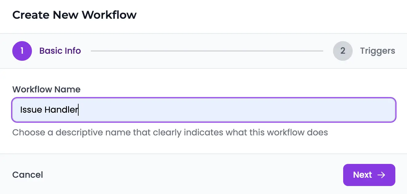 Workflow creation wizard - Step 1: Enter workflow name
